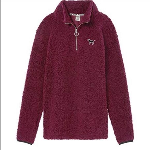 Victoria’s Secret PINK Sherpa Fleece Cranberry/Maroon 1/4 Zip Pullover! 🔥 - Picture 4 of 8